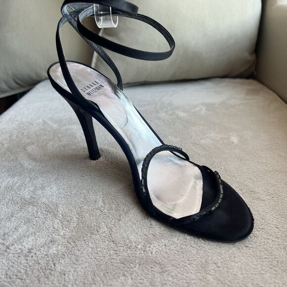 Stuart Weitzman Black Satin Embellished High Heel Strappy Sandals Women 8 Chic - Picture 3 of 16